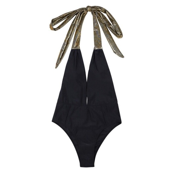 OMG Miami Swimwear Black Swimsuit Size Large Metallic Gold Tie Backs Revealing - Picture 1 of 11